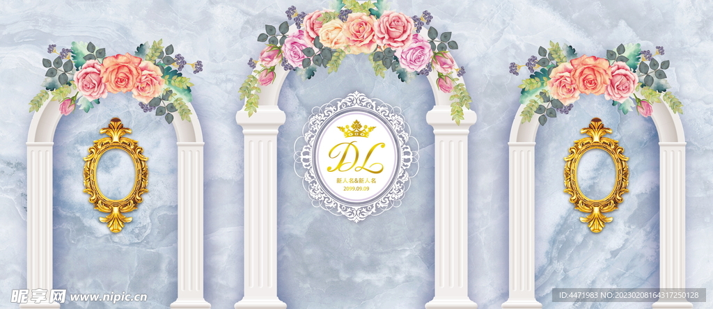 蓝色婚礼背景板 