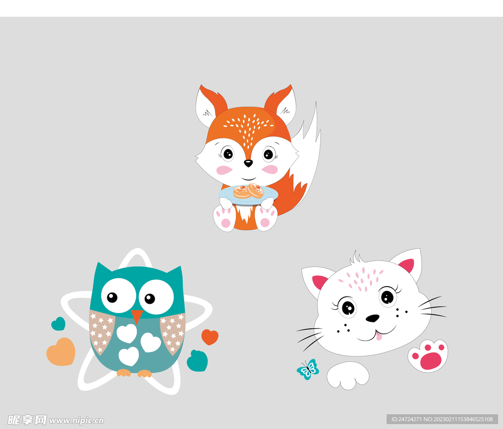可爱卡通动物 狐狸 猫头鹰