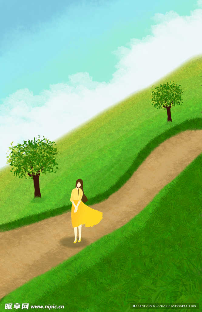 手绘草天风景春分春天背景