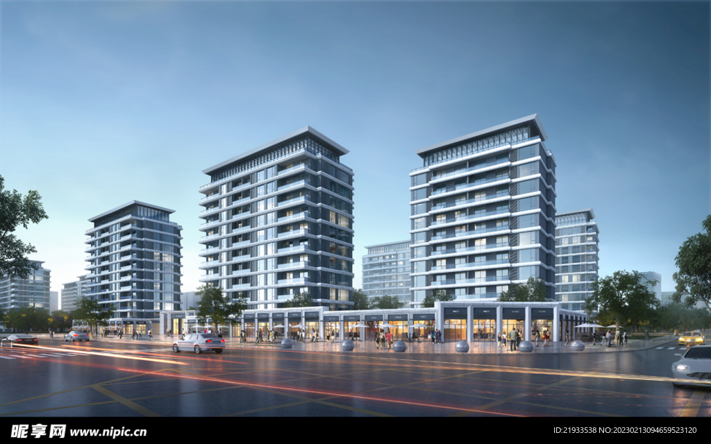 沿河沿街商业小区夜景效果图