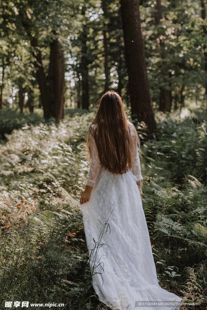 树林中的长裙美女背影摄影