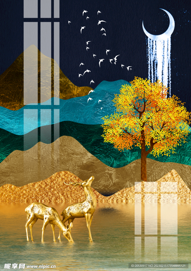 轻奢发财树麋鹿装饰画