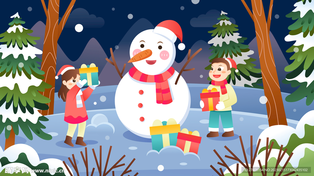 卡通矢量平安夜圣诞节雪人礼物创