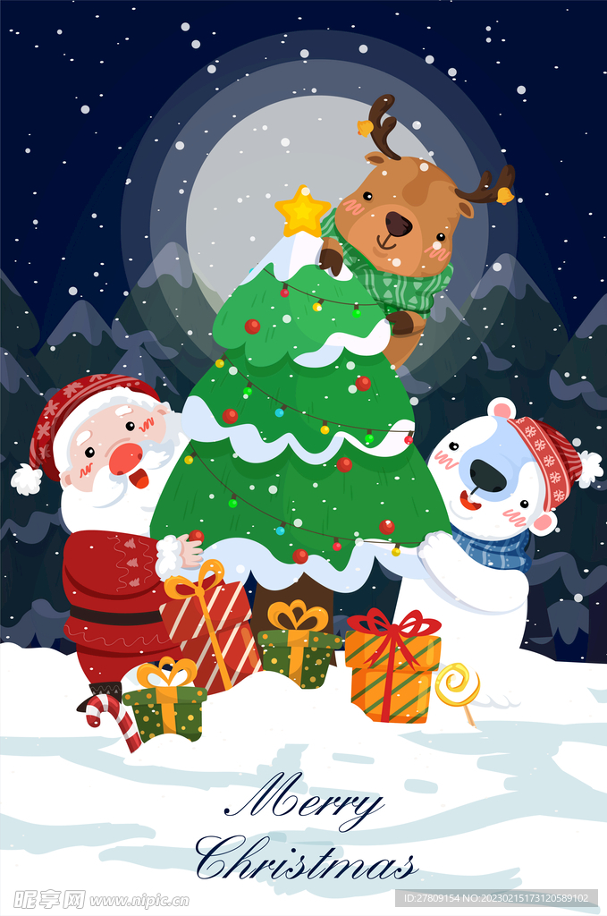 卡通圣诞节圣诞老人麋鹿冬夜雪景