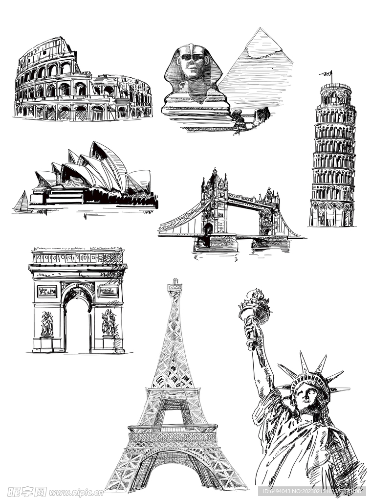 世界地标建筑景点黑白钢笔画