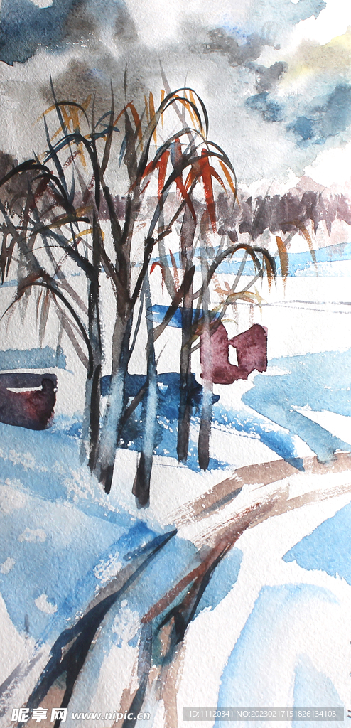 河边的树木水彩画创意设计