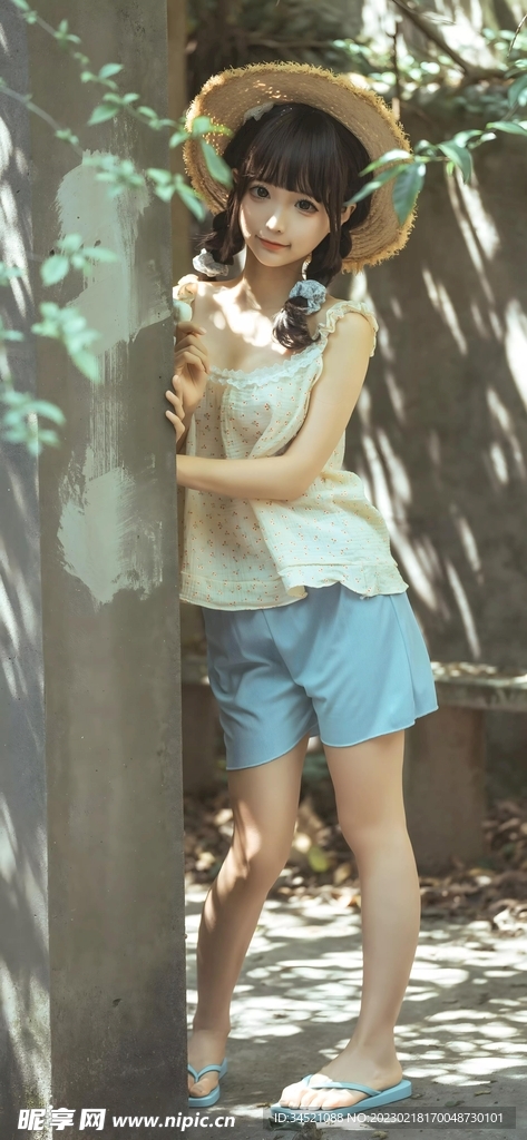 美少女写真风景画面夏天草帽邻家