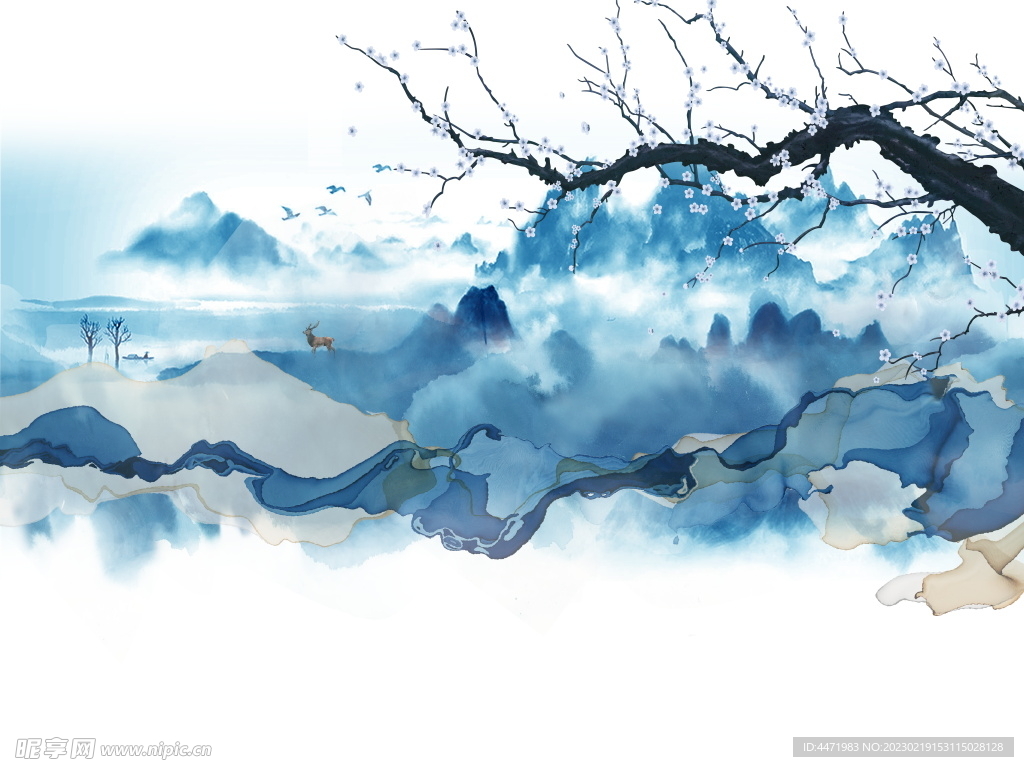 中式蓝色水墨意境背景