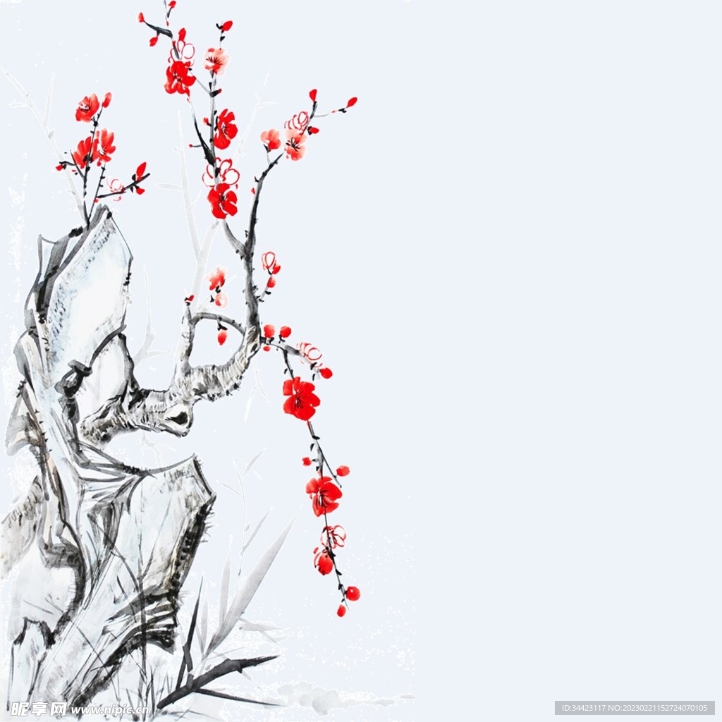 国潮手绘石中梅花素材