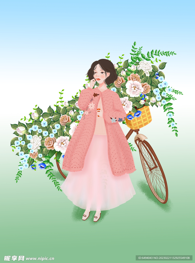 春天美女小清新插画单层免抠