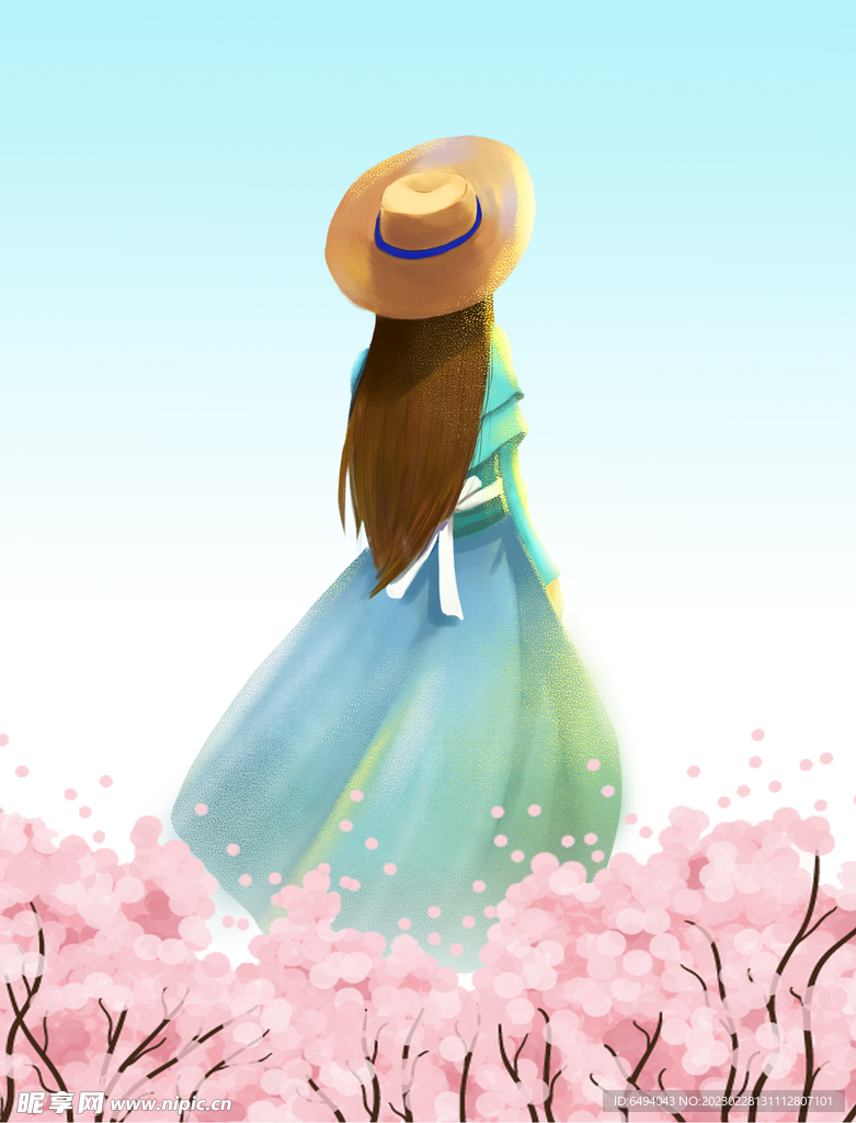 戴帽美女背影花丛中手绘