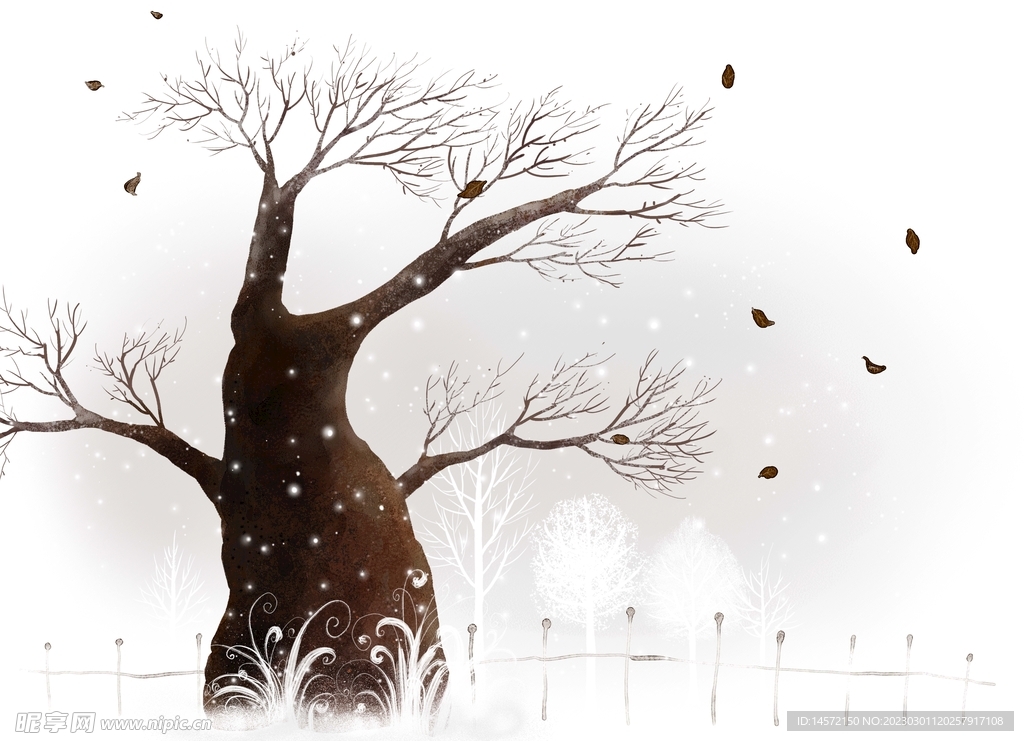 手绘卡通冬日树景