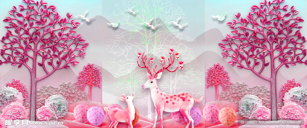 树林麋鹿水彩艺术挂画装饰画