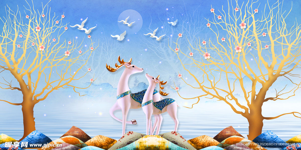 麋鹿树林水彩艺术挂画装饰画