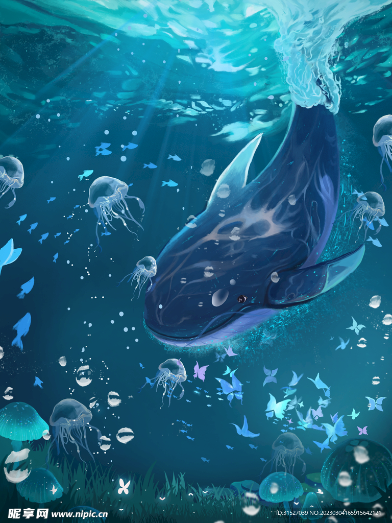 唯美梦幻海底鲸鱼插画
