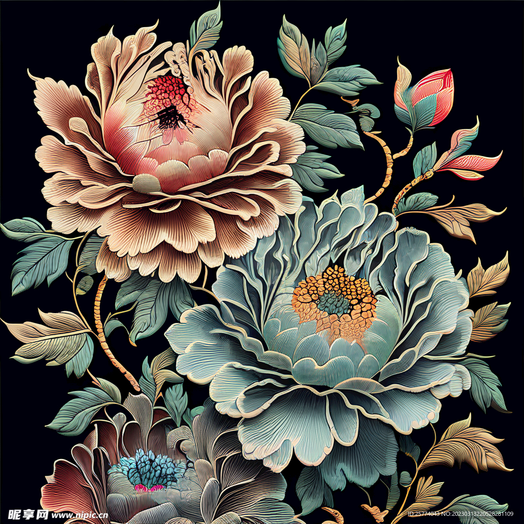 国风刺绣牡丹花