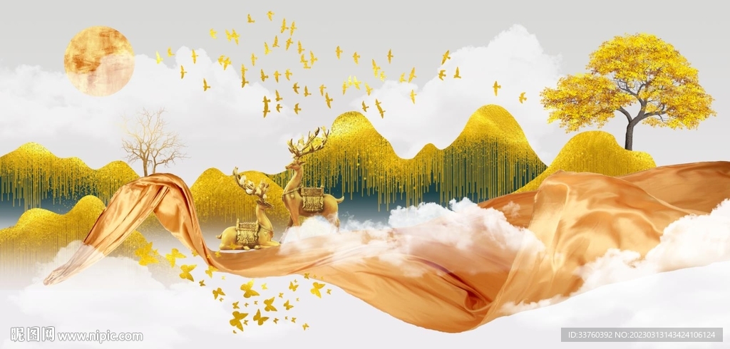 金鹿发财树装饰画