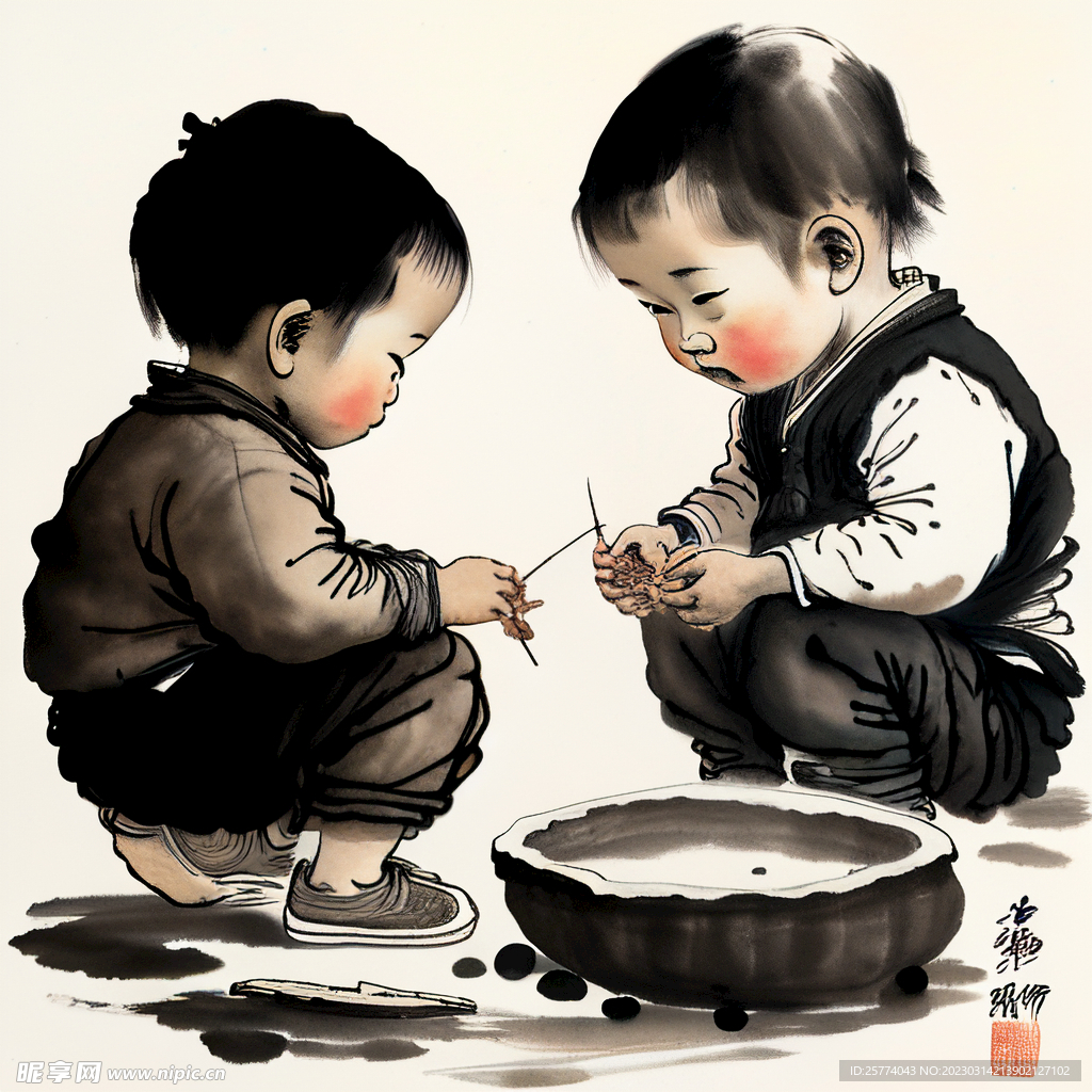 水墨画玩耍的小孩