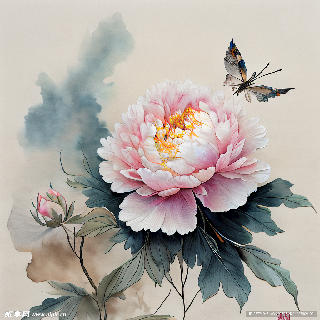 芍药淡彩水墨画