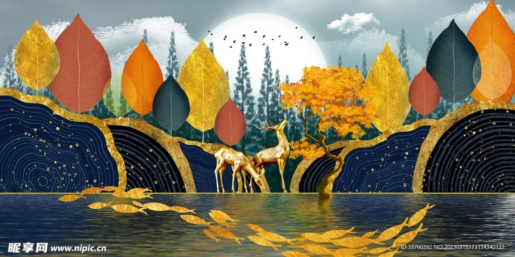 新中式金鹿山水装饰画