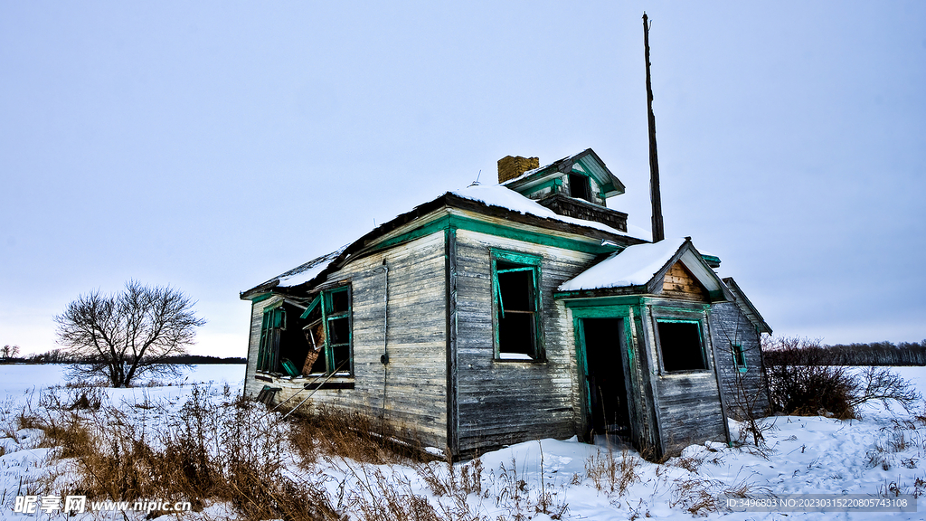 蓝天雪地房屋远方树木