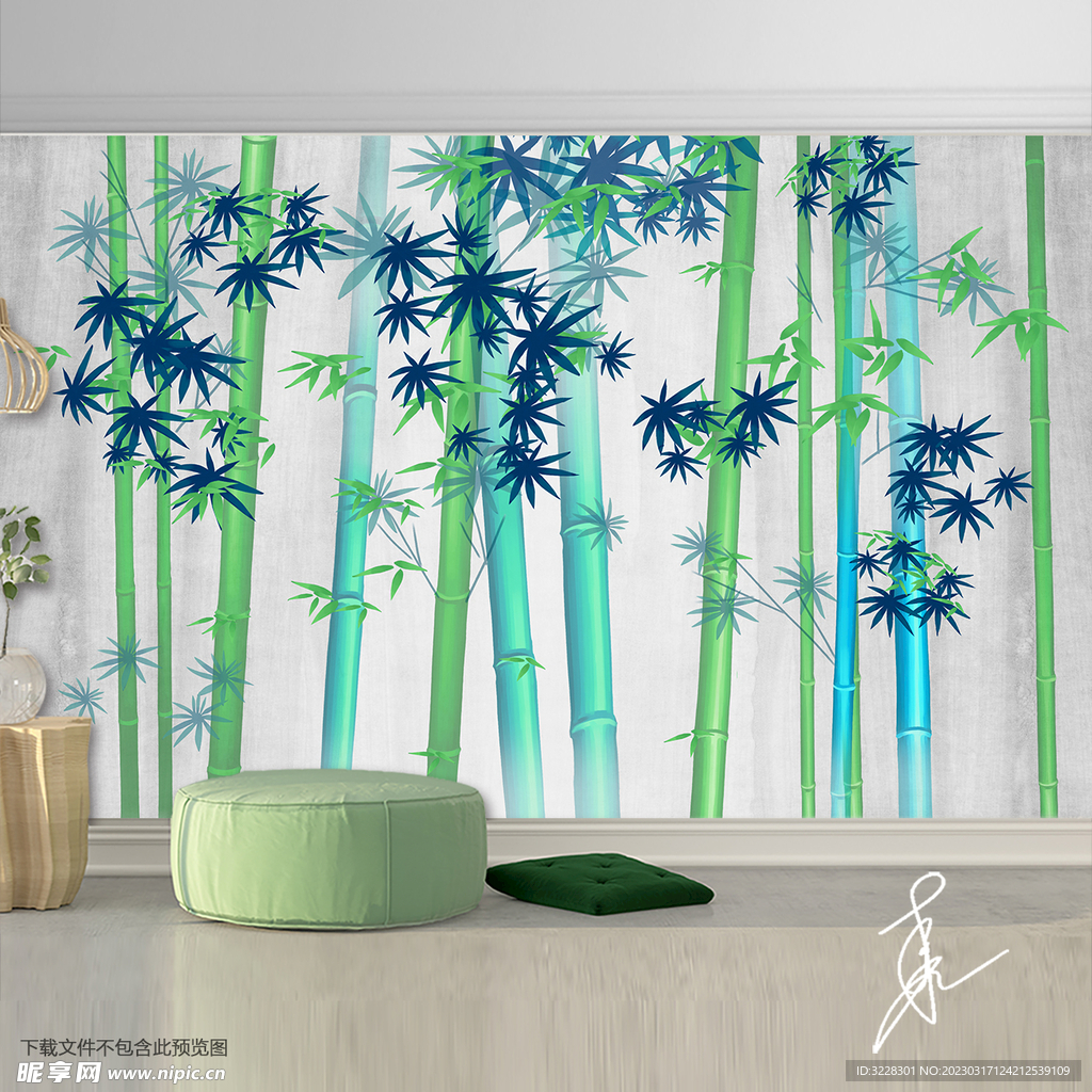 中国风简约中式绿竹电视背景墙装