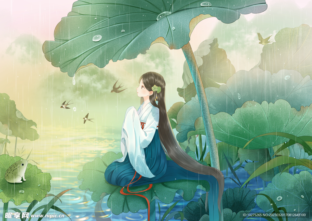 雨水荷叶上的小仙女古风插画