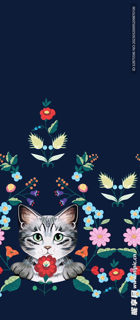 手绘花 碎花  猫