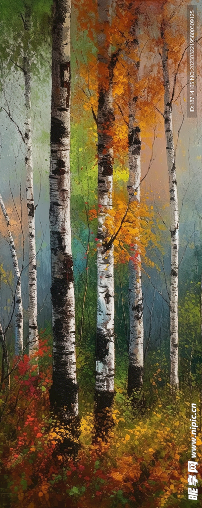 油画白桦树