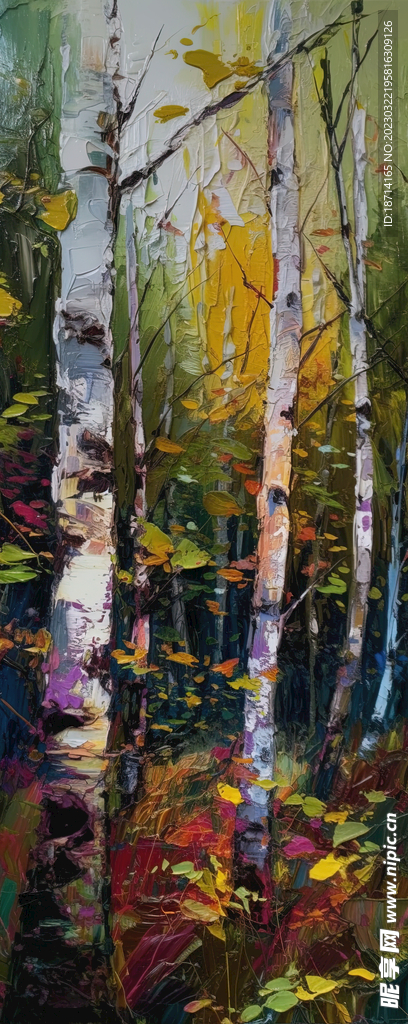 油画白桦林