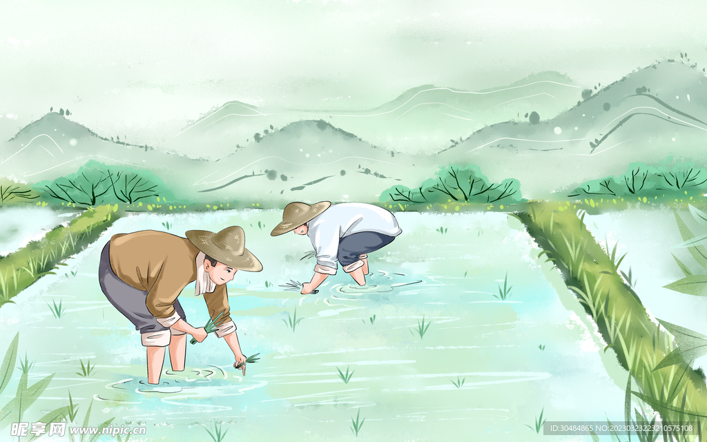 耕种插秧插画