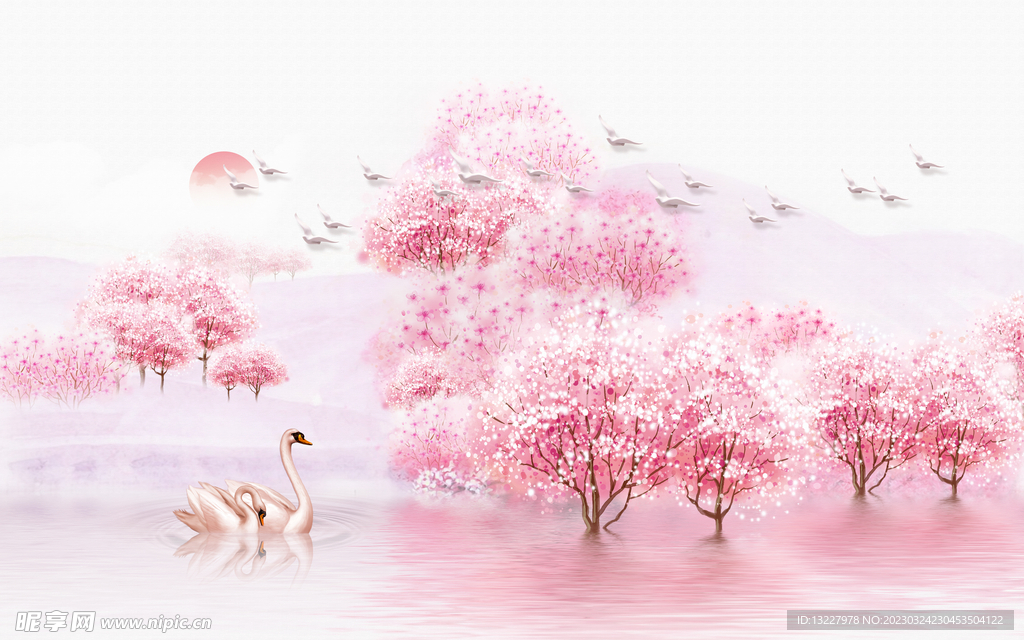 桃花 天鹅 背景图