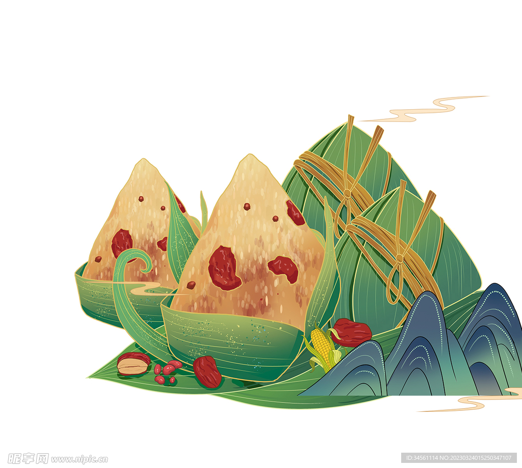 中国风端午节三角粽子手绘插画