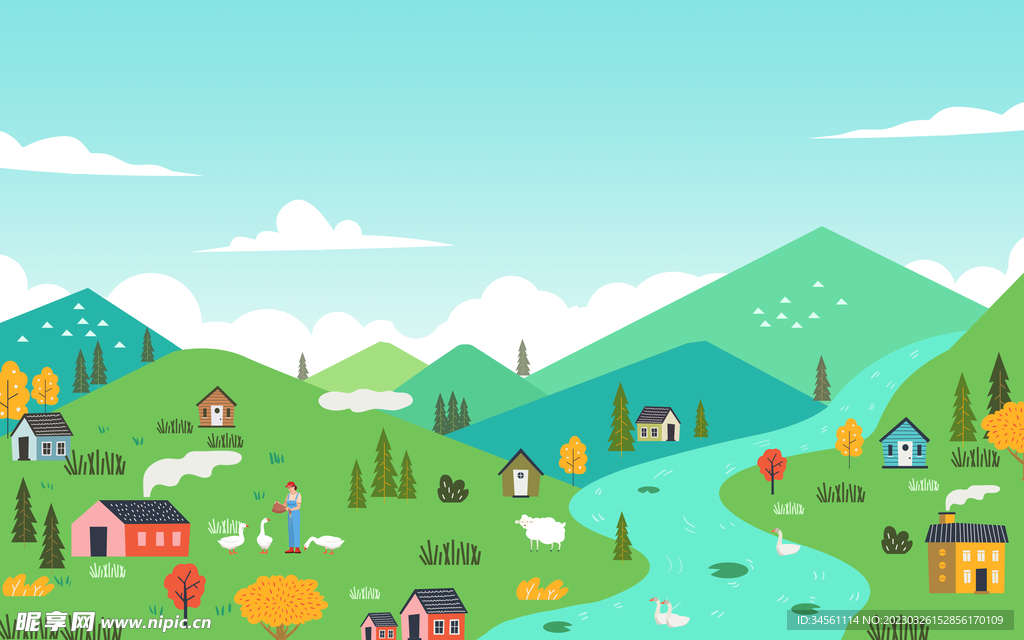 农村乡村小清新扁平插画