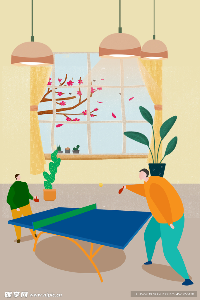 卡通打乒乓球插画