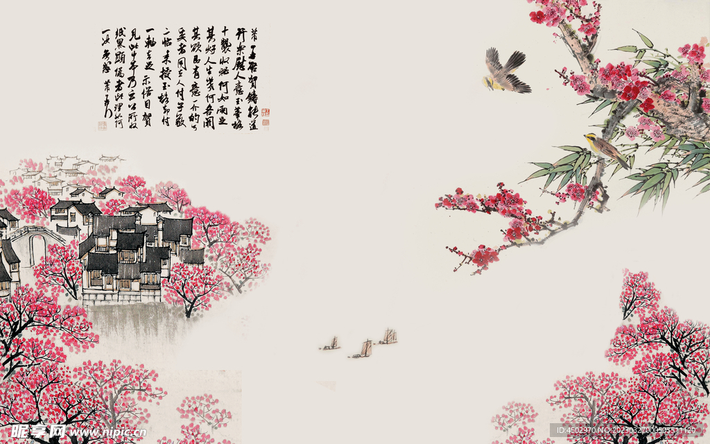 国画梅电视背景墙