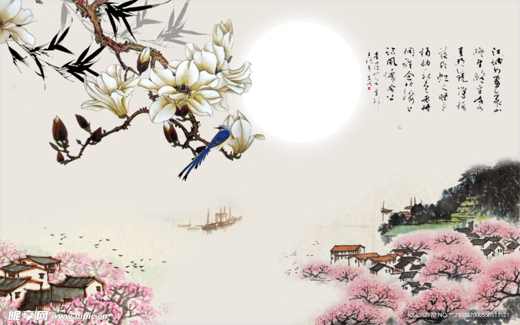 国画兰花电视背景墙