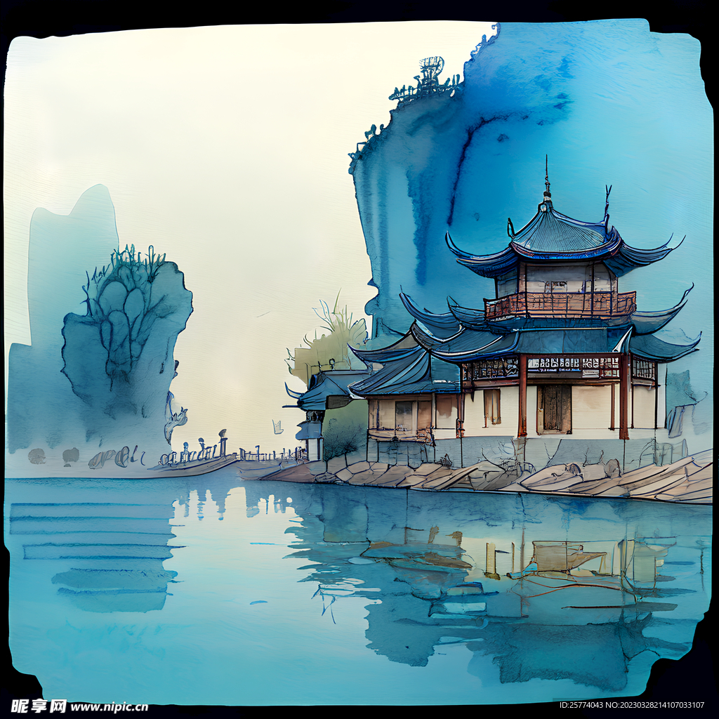 国风蓝色水墨建筑