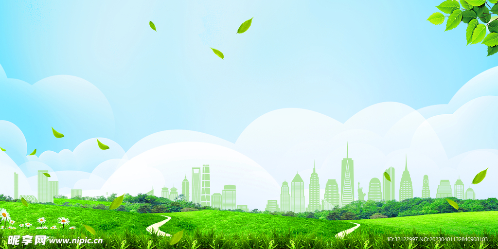 简易蓝天白云城市展板背景