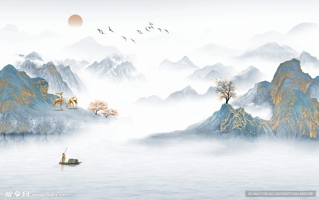 金色山水金色麋鹿小船鸟群石山