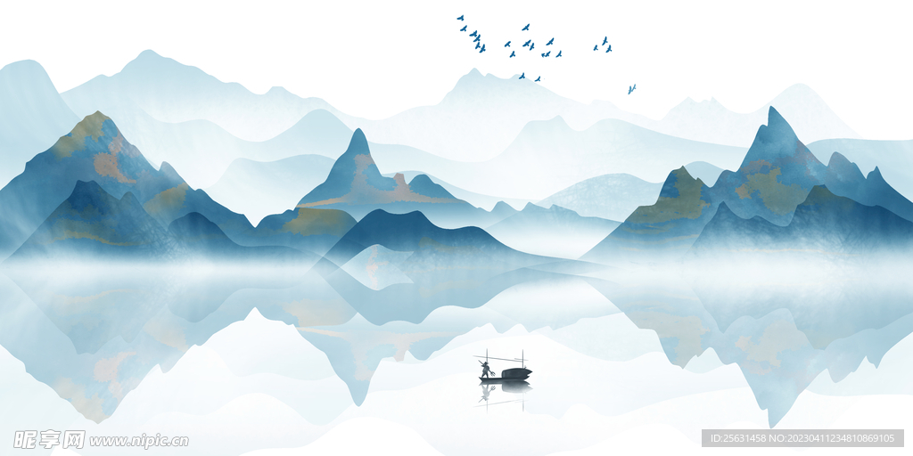 蓝色水墨山水背景