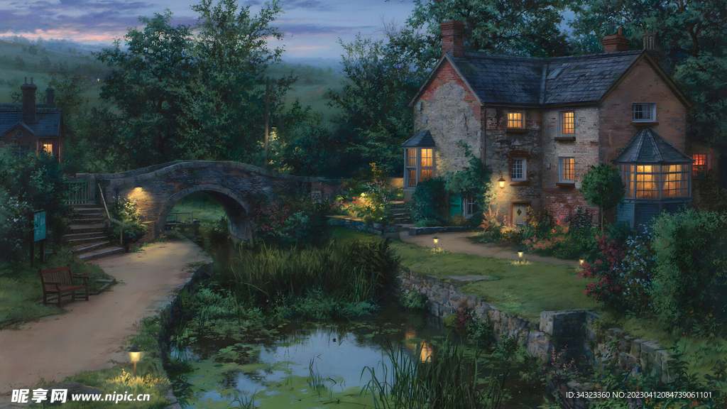 小溪旁的住民区背景图写生图片