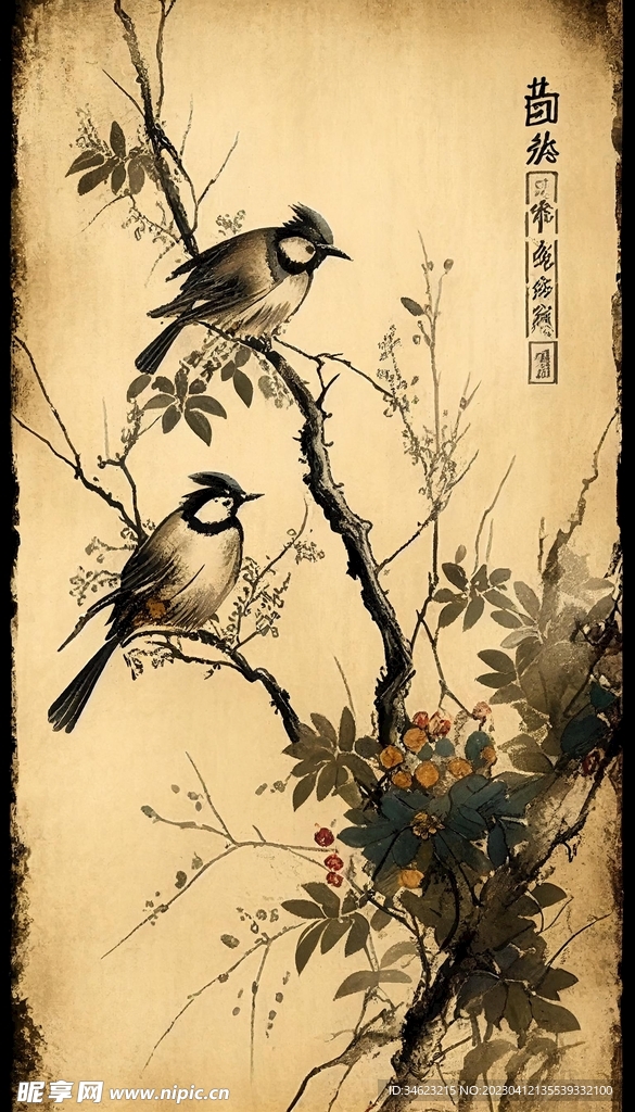 国画山水画树木和鸟