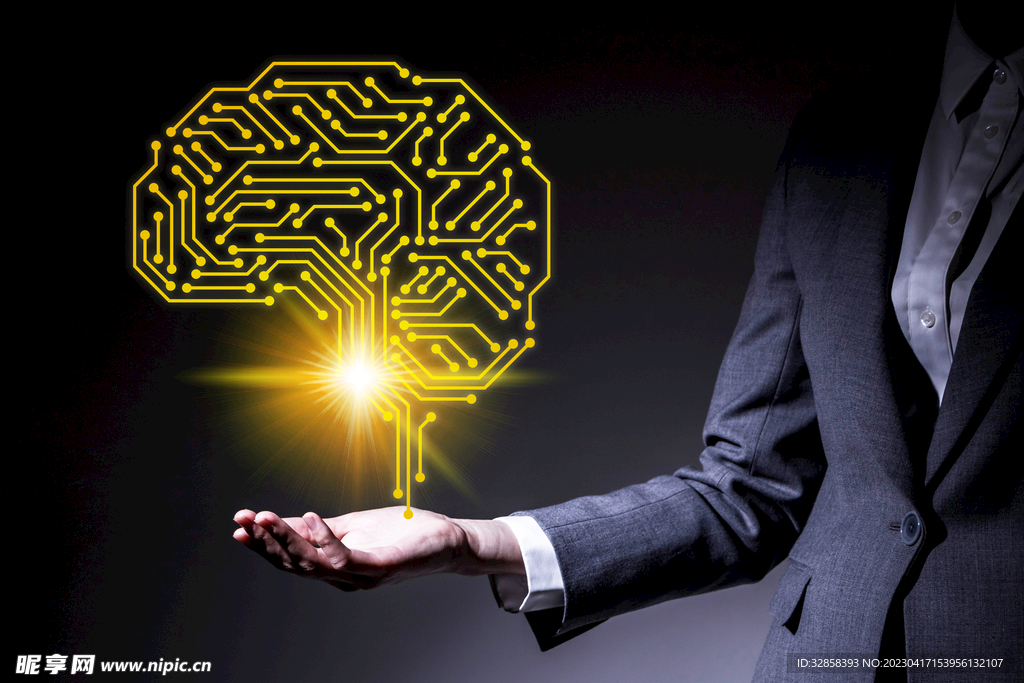 商务手托人脑AI科技线条智能