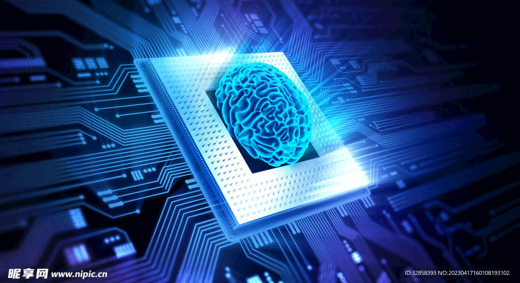 蓝色AI芯片线条人脑智能科技背