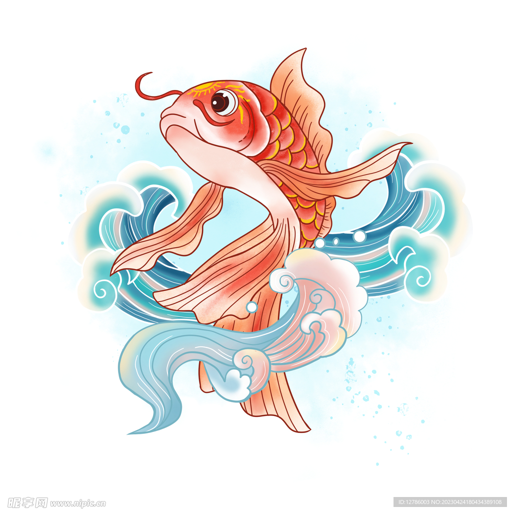 唯美荷花海浪国潮水彩锦鲤元素