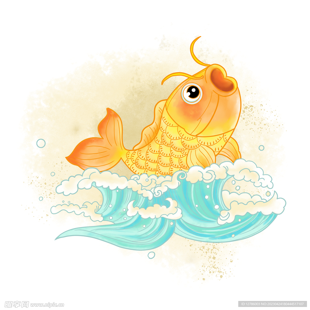 唯美荷花海浪国潮水彩锦鲤元素