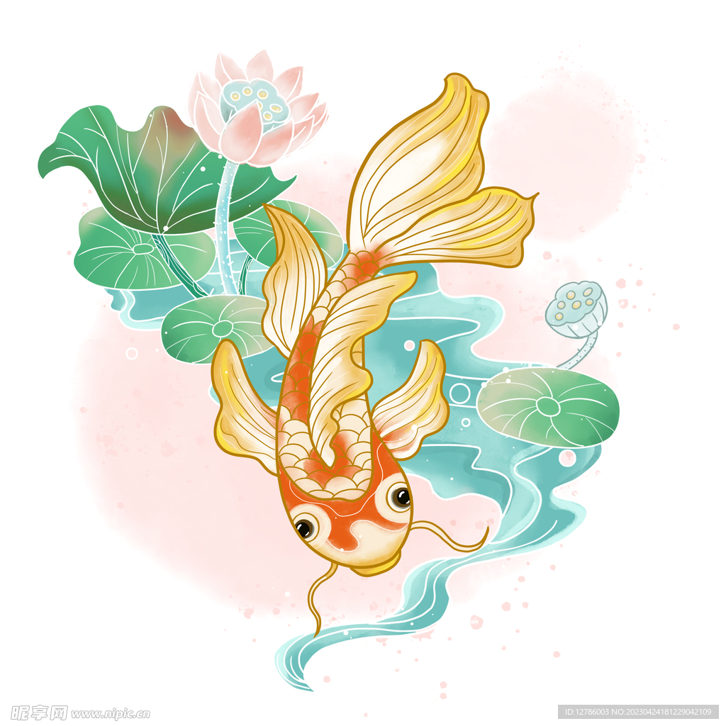 唯美荷 海浪国潮水彩锦鲤