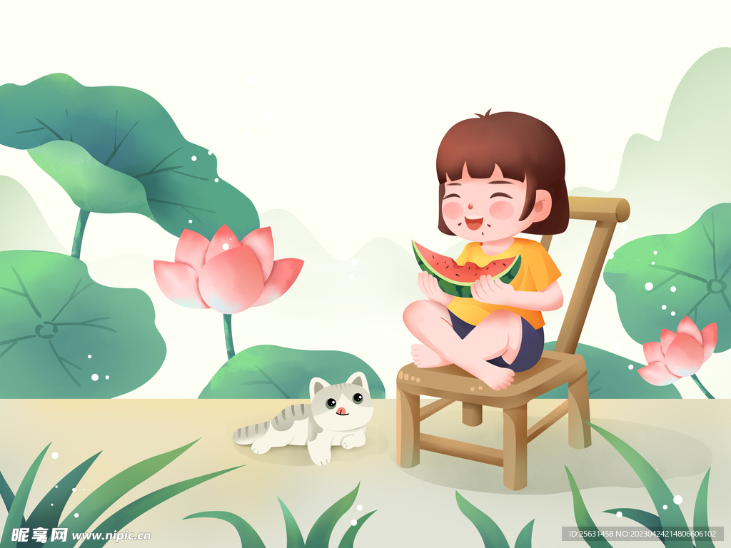 小孩子吃西瓜插画