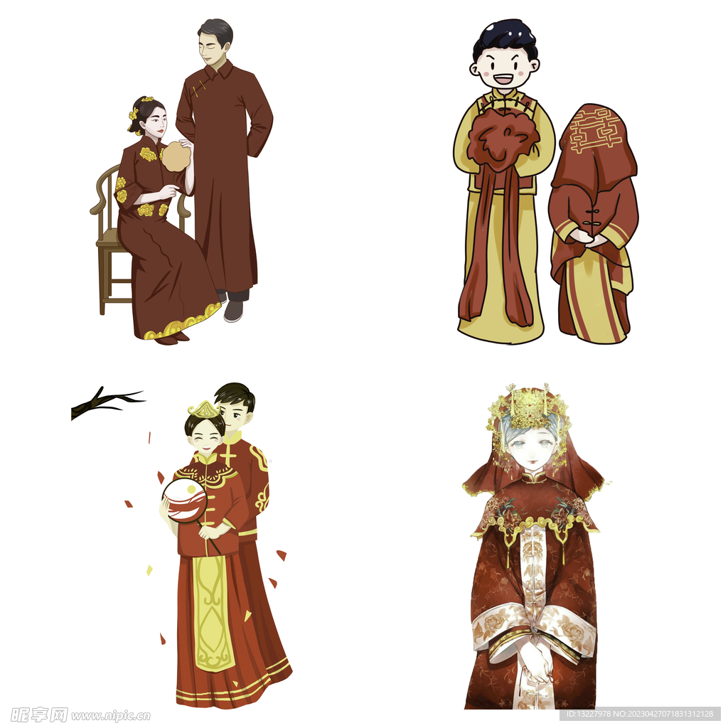 卡通中式婚礼新人中式古典人物